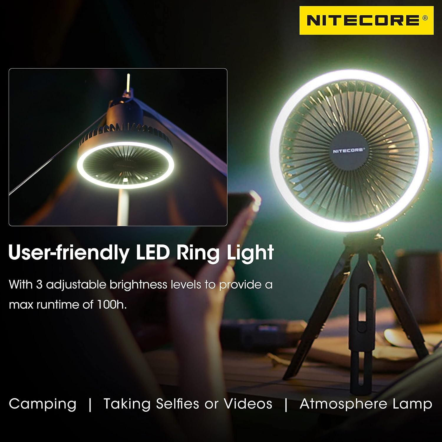 Nitecore NEF10 Multifunctional Portable Electric Fan with LED Ring Light, Flexible Ball Head Tripod, Brushless Motor 10000mAh Battery(Grey)