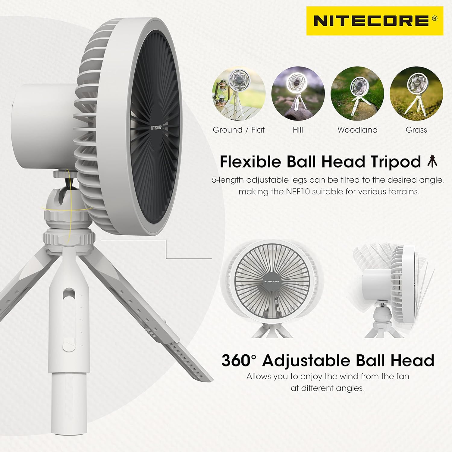 Nitecore NEF10 Multifunctional Portable Electric Fan with LED Ring Light, Flexible Ball Head Tripod, Brushless Motor 10000mAh Battery(Grey)